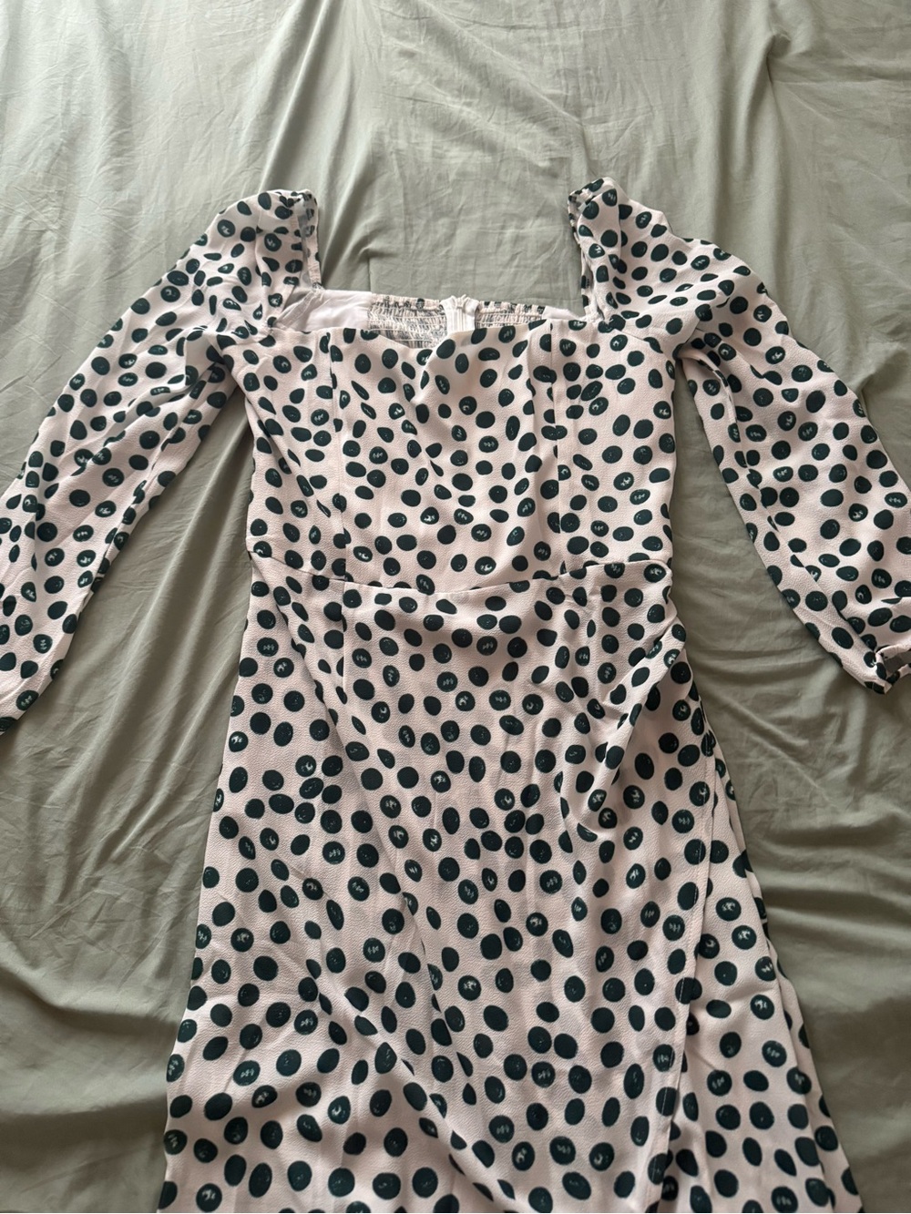 Commense White Dress with Dark Green Polka Dots, Long Sleeve